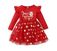 Christmas Dress Girls Red Princess Dress Girls Tulle Dress Round Neck Long Sleeve with Polka Dot Funny Print Dresses Tutu Children's Dress Princess Dress Merry Christmas Party Dresses