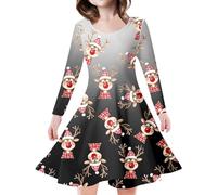 Christmas Dress Teenager Girls Long Sleeve Dress Girls Christmas T-Shirt Dresses Round Neck with Reindeer Print Dresses Tutu Children's Dress Merry Christmas A-line Christmas Party Dresses Clothing