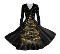 Christmas Dress Women Hepburn Long Sleeve Dress Christmas Round Neck Dress Cocktail Party Evening Dress Knee-Length Dress Womens Christmas Dress Prom Swing Printing Christmas Party Dress 1950s Fancy