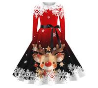 Christmas Dress Women UK Xmas Santa Reindeer Snowflake Christmas Tree Printed A Line Dresses Long Sleeve Cocktail Girl Party Knee Length Dresses O Neck Ladies Dress (M)