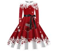 Christmas Dress Women's Checked Dress Women's Christmas Long Sleeve Round Neck Christmas Dresses Funny Red Wine Glass Snowflake Hepburn Swing Xmas Party Dress Christmas Outfit for Women