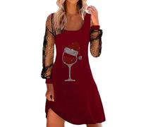 Christmas Dress Women's Christmas Red Wine Glass Print Mini Dress Sexy Mesh Party Dress Loose Round Neck Long Sleeve Dresses Autumn Winter Christmas Party Dress Knee-Length Tunic T-Shirt Dress Party