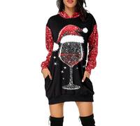 Christmas Dress Women's Elegant Christmas Jumper Women's Funny Oversize Hoodie Sweat Dress Wine Glass Print Long Sleeve Sweatshirts with Pockets Christmas Dresses Retro Sweater Dress Dresses