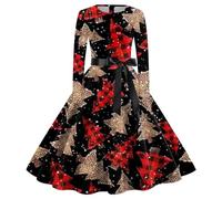 Christmas Dress Women's Elegant Dress Women's Christmas Long Sleeve Round Neck Christmas Dresses Funny Christmas Motif Hepburn Swing Xmas Party Dress Christmas Outfit Festival Outfits