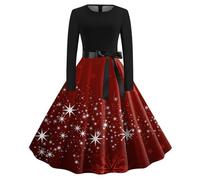 Christmas Dress Women's Elegant Dress Women's Christmas Long Sleeve Round Neck Christmas Dresses with Snowflake Pattern A-line Merry Christmas Party Dress Christmas Outfit for Women