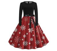 Christmas Dress Women's Elegant Dress Women's Christmas Long Sleeve Round Neck Christmas Dresses with Snowflake Pattern A-line Merry Christmas Party Dress Christmas Outfit for Women