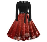 Christmas Dress Women's Elegant Dress Women's Christmas Long Sleeve Round Neck Christmas Dresses with Snowflake Pattern A-line Merry Christmas Party Dress Christmas Outfit for Women