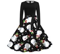 Christmas Dress Women's Funny Dress Women's Christmas Long Sleeve Round Neck Christmas Dresses with Reindeer Pattern Hepburn A-line Party Dress Christmas Outfit Merry Christmas for Women