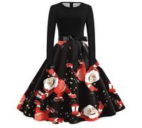 Christmas Dress Women's Funny Dress Women's Christmas Long Sleeve Round Neck Christmas Dresses with Reindeer Pattern Hepburn A-line Party Dress Christmas Outfit Merry Christmas for Women