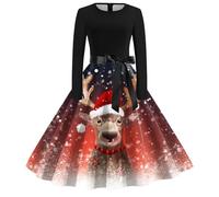 Christmas Dress Women's Funny Dress Women's Christmas Long Sleeve Round Neck Christmas Dresses with Reindeer Pattern Hepburn A-line Party Dress Christmas Outfit Merry Christmas for Women
