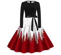 Christmas Dress Women's Funny Dress Women's Christmas Long Sleeve Round Neck Christmas Dresses with Reindeer Pattern Hepburn A-line Party Dress Christmas Outfit Merry Christmas for Women