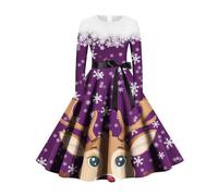 Christmas Dress Women's Funny Dress Women's Christmas Long Sleeve Round Neck Christmas Dresses with Reindeer Print Rockabilly Vintage Swing Midi Party Dress Christmas Outfit for Women