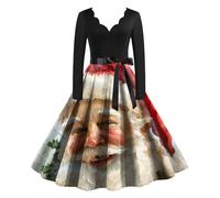 Christmas Dress Women's Funny Dress Women's Christmas Long Sleeve with V-Neck Christmas Dresses Santa Pattern Rockabilly Vintage Swing Party Dress Christmas Outfit for Women