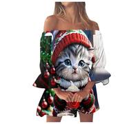 Christmas Dress Women's Funny Long Sleeve Dress Women's Elegant Off-the-Shoulder Mini Dress Cat Print Jumper Dress Tunic Dress Large Sizes Sweater Dress Dresses Christmas Party Blouse Dress Tops