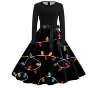Christmas Dress Women's Round Neck Long Sleeve Dresses Xmas Santa Reindeer Snowflake Christmas Tree Printed A Line Dresses for Holiday Party (Black-3, L)