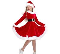Christmas Dresses for Girls 2 Piece with Hat Kids Santa Girls Christmas Dress Red Velvet Solid Long Sleeve Fleece Suit Toddler Girl Xmas Outfits Headband Set For Baby Kids Holiday Party