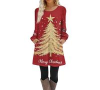Christmas Dresses for Teens,Women's Casual Crewneck Long Sleeve T-Shirt Cute Christmas Tree Snowflakes Pattern Print Loose Dress with Pockets for Teens,Red,3XL,u1064k