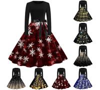 Christmas Dresses for Women Novelty Xmas Printed A-Line Swing Dress Retro Long Sleeve Round Neck Midi Xmas Dresses Winter Casual 50s Party Dress Ladies Christmas Outfits (01-Red, S)