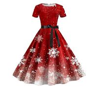 Christmas Dresses Women Funny Xmas Tree Plaid Snowflake Printed 50s 60s A Line Rockabilly Cocktail Dress Short Sleeve High Waist Swing Flowy Dress Xmas Holiday Dress Costume (B0a3-Red, L)