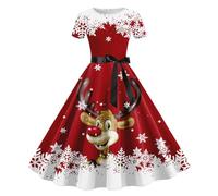 Christmas Dresses Women Funny Xmas Tree Plaid Snowflake Printed 50s 60s A Line Rockabilly Cocktail Dress Short Sleeve High Waist Swing Flowy Dress Xmas Holiday Dress Costume (B0a2-Red, XXL)