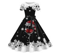 Christmas Dresses Women Funny Xmas Tree Plaid Snowflake Printed 50s 60s A Line Rockabilly Cocktail Dress Short Sleeve High Waist Swing Flowy Dress Xmas Holiday Dress Costume (B0a1-Black, XL)