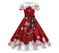 Christmas Dresses Women Funny Xmas Tree Plaid Snowflake Printed 50s 60s A Line Rockabilly Cocktail Dress Short Sleeve High Waist Swing Flowy Dress Xmas Holiday Dress Costume (B0a1-Red, L)
