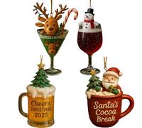Christmas Drink Ornament, 3.1 Inch Drink Holiday Tree Hanging Decorations, Beer Mug, Wine Glass and Cup Design, Xmas Beverage Ornament (Set of 4)