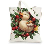 Christmas Duck Canvas Tote Bag for Shopping 13 * 15, Fun Xmas Hollies Reusable Grocery Shoulder Bag for Women, Animal Painting Gift Decoration