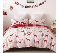 Christmas Duvet Cover Set King Christmas Deer and Christmas Tree Pattern Printed Reversible Bedding Set for All Season Red Plaid Christmas Quilt Set 220×230 cm
