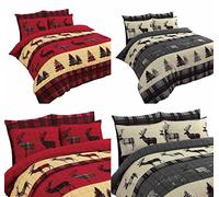 Christmas Duvet Cover Set, King, Polycotton Polyester 50% Cotton, Reversible Red Off White Grey Stag Deer Printed Bedding Set (Red, King)