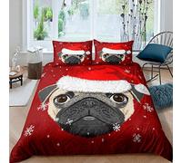 Christmas Duvet Cover Set Pug Dog Merry Christmas Bedding Set for Kids Boys Girls Cute Puppy Animal Comforter Cover Winter Xmas Quilt Cover Decor Bedroom Collection 2Pcs Single