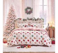 Christmas Duvet Cover Set Queen Size, Xmas Gingerbread Cookie, Candy Cane & Holiday Bauble Print on White, Soft Microfiber Duvet Cover with Zipper Closure, Includes 1 Duvet Cover and 2 Pillow Shams