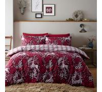 Christmas Duvet Cover Set Reindeer Stag Design, Polycotton, Tartan Check Reverse (King)