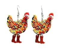 Christmas Earrings Funny Cute Santa Hat Big Rooster Colorful Lights Boots Animal Chicken Hanging Earrings Acrylic Double Print Earrings Women Girls Holiday Party Fashion Stone Stud (Red, One Size)