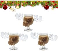 Christmas Eggnog Moose Mug, Christmas Elk Glasses National Christmas Holiday, Xmas Vacation Movie Moose Glass, Glass Safe Packaging, 240ml Clear Coffee Mugs Gifts for Family Friends Party（3pcs