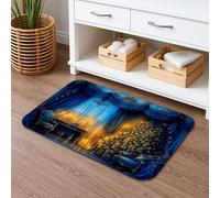 Christmas Elegant Blue Velvet Bath Mat, Vintage Royal Style Decorative Non Slip Shower Mat, Winter Festive Flannel Washable Bath Rugs for Bathroom Toilet Restroom 20x32 Inch