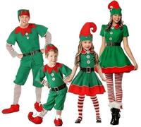 Christmas Elf Costume For Family Women Men Boy Girl: Christmas Fancy Dress Outfits Elf Cosplay Outfit Full Set Santa Dress Short Sleeve/Top + Hat + Belt + Socks Cover Outfit Mom01