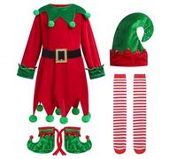 Christmas Elf Costume for Girls, Kids Santa's Helper Costume Elf Dress with Elf Hat Shoes Belt Striped Stockings Girls Carnival Xmas Festive Christmas Fancy Dress Up Outfit Red-Green(4pcs) 4-5 Years