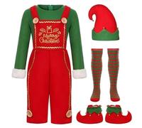 Christmas Elf Costume for Men UK 4Pcs Set with Green Red Romper Jumpsuit Hat Shoe Covers and Stockings Mr Santa's Helper Full Outfit for Xmas Parties Halloween Cosplay Carnival Fancy Dress