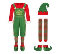 Christmas Elf Costume for Men UK 4Pcs Set with Green Red Romper Jumpsuit Hat Shoe Covers and Stockings Mr Santa's Helper Full Outfit for Xmas Parties Halloween Cosplay Carnival Fancy Dress
