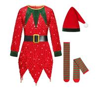 Christmas Elf Costume Santa Little Helper Fancy Dress Outfit Girl's Unisex Elves Child's With Hat Shoes Cover Kids Boys Fantasy Fairy Tales Carnival Theme Parties (Red#2,7-9 Years)