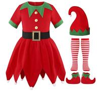Christmas Elf Costume Santa Little Helper Fancy Dress Outfit Girl's Unisex Elves Child's With Hat Shoes Cover Kids Boys Fantasy Fairy Tales Carnival Theme Parties (Red#3,6-7 Years)
