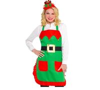 Christmas Elf Festive Kitchen Apron, Green and Red Cotton, One Size Fits All, Holiday Cooking Wear with Belt Buckle Design