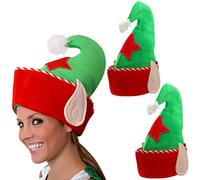Christmas Elf Hat - Plush Green/Red/White Hat With Embroidered Star And Attached Elf Ears - Funny Mens Ladies Christmas Novelty Fancy Dress