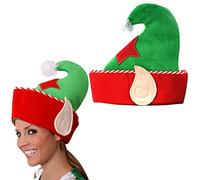 Christmas Elf Hat - Plush Green/Red/White Hat With Embroidered Star And Attached Elf Ears - Funny Mens Ladies Christmas Novelty Fancy Dress