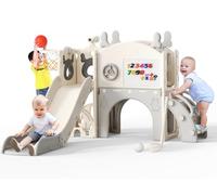 Christmas elk Slide,11 in 1 Toddler Slide,with Basketball Hoop,Basketball,Garden Climbing Frame,Telescope,Storage,Crawling Arch,Golf,Artboard,Extra Long Slide 1570mm(Beige-Gray)