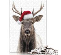Christmas Elk with Santa Hat Portrait Puzzles 500 Pieces Wooden Puzzles Puzzles Wooden Puzzles Family Activity Jigsaw Puzzles 500pcs (52x38cm)