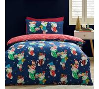 Catherine Lansfield Christmas Elves Cotton Rich Double Duvet Cover Set with Pillowcase Navy Blue