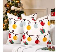 Christmas Embroidered Throw Pillow Covers Farmhouse Tufted Pillow Covers Winter Holiday Decorative Couch Covers 18x18 Christmas Lights Square Cushion Cases Set of 2 for Living Room Couch Sofa Bed