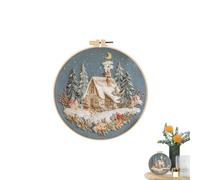 Christmas Embroidery Kit - DIY Cross Sewing Art Set - Imitation Wood Hoop Cotton Linen Threads | Beginner Friendly | Holiday Crafting | Home Travel Road Trip